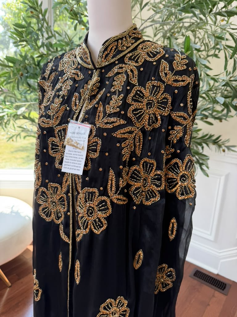 Golden Floral Black Cardigan Abaya