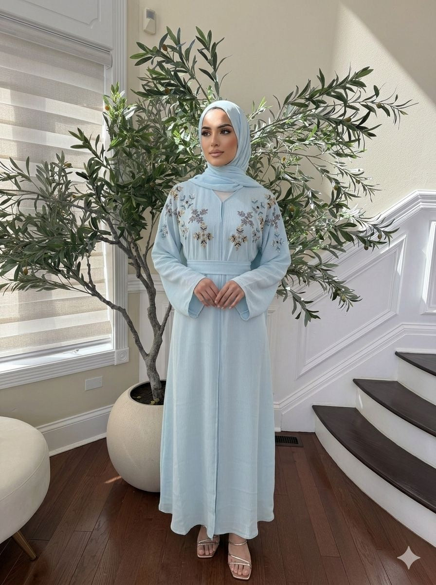 Baby Blue Floral Sequin Abaya