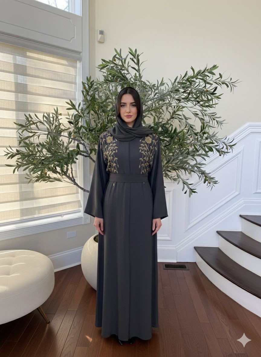 Golden Grey Beaded Floral Abaya