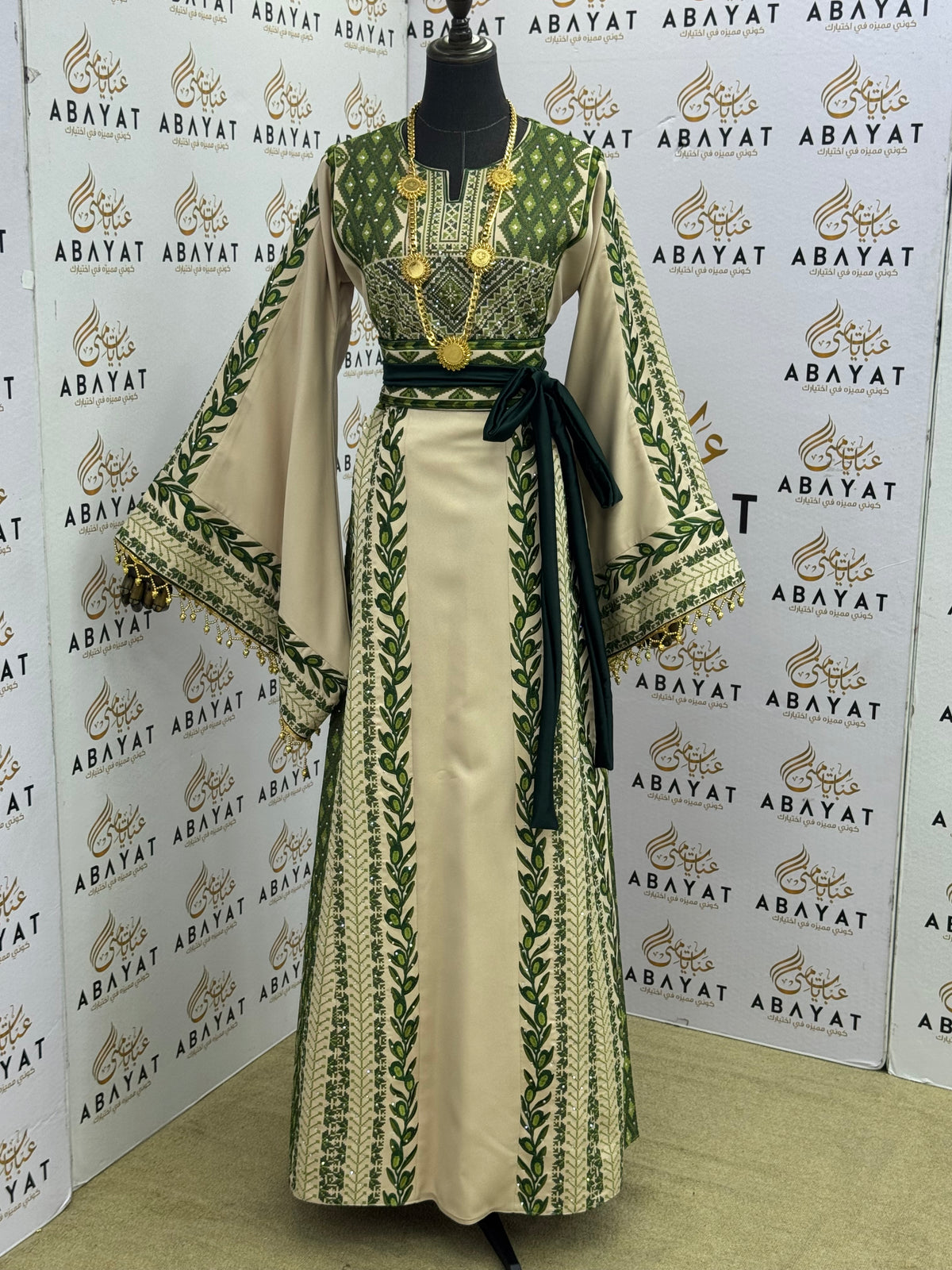 Olive Palestinian Tatreez Kaftan – Emerald Green & Ivory