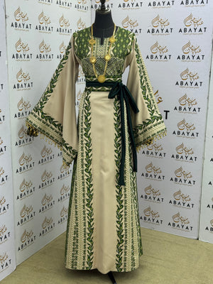 Olive Palestinian Tatreez Kaftan – Emerald Green & Ivory