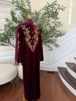 Velvet Red Crystal Beaded Two Peice Abaya