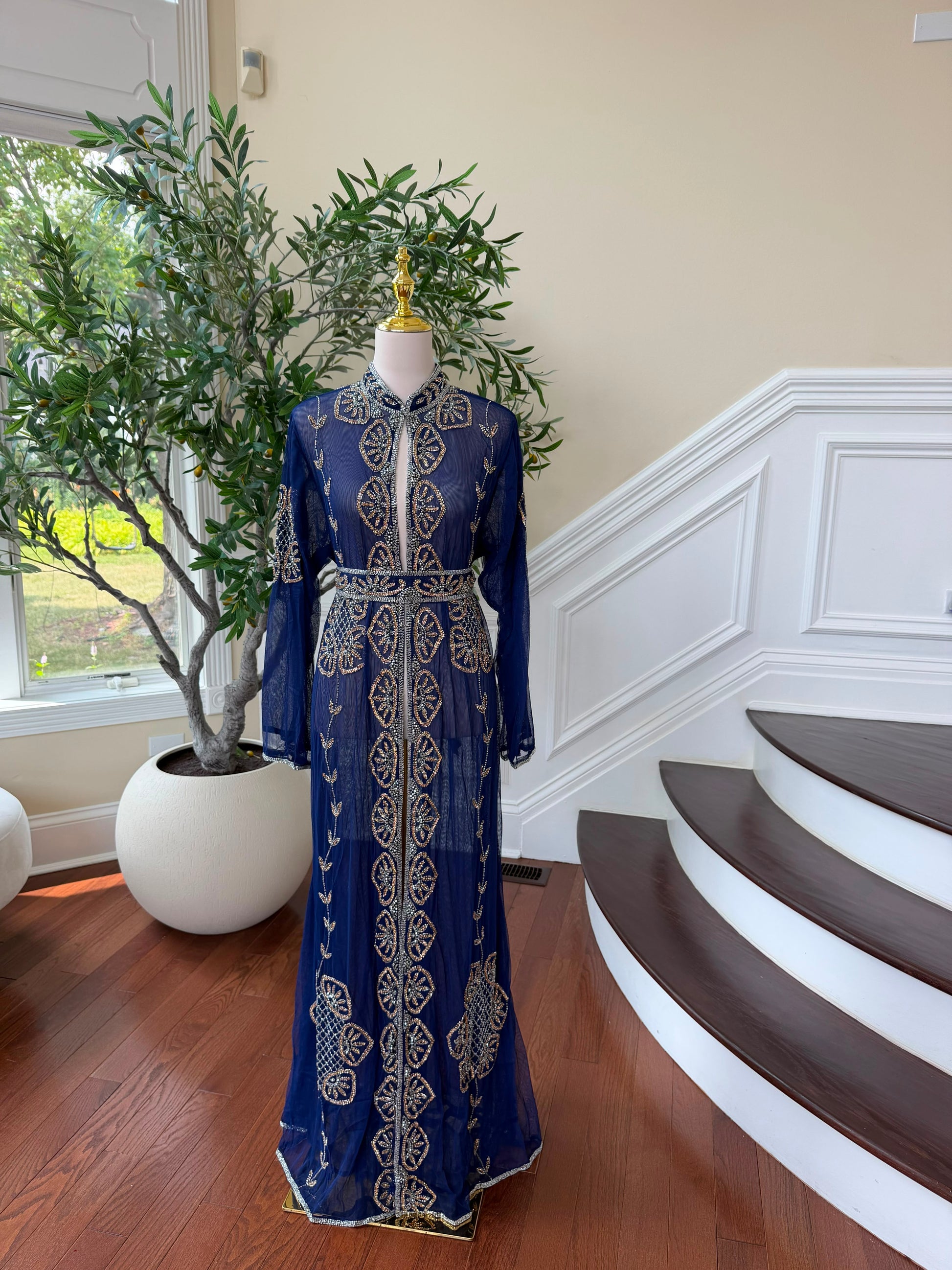 Blue Beaded Embroidery Cardigan Abaya