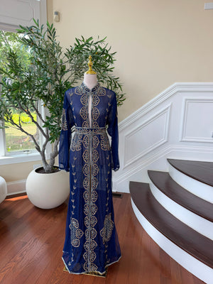 Blue Beaded Embroidery Cardigan Abaya