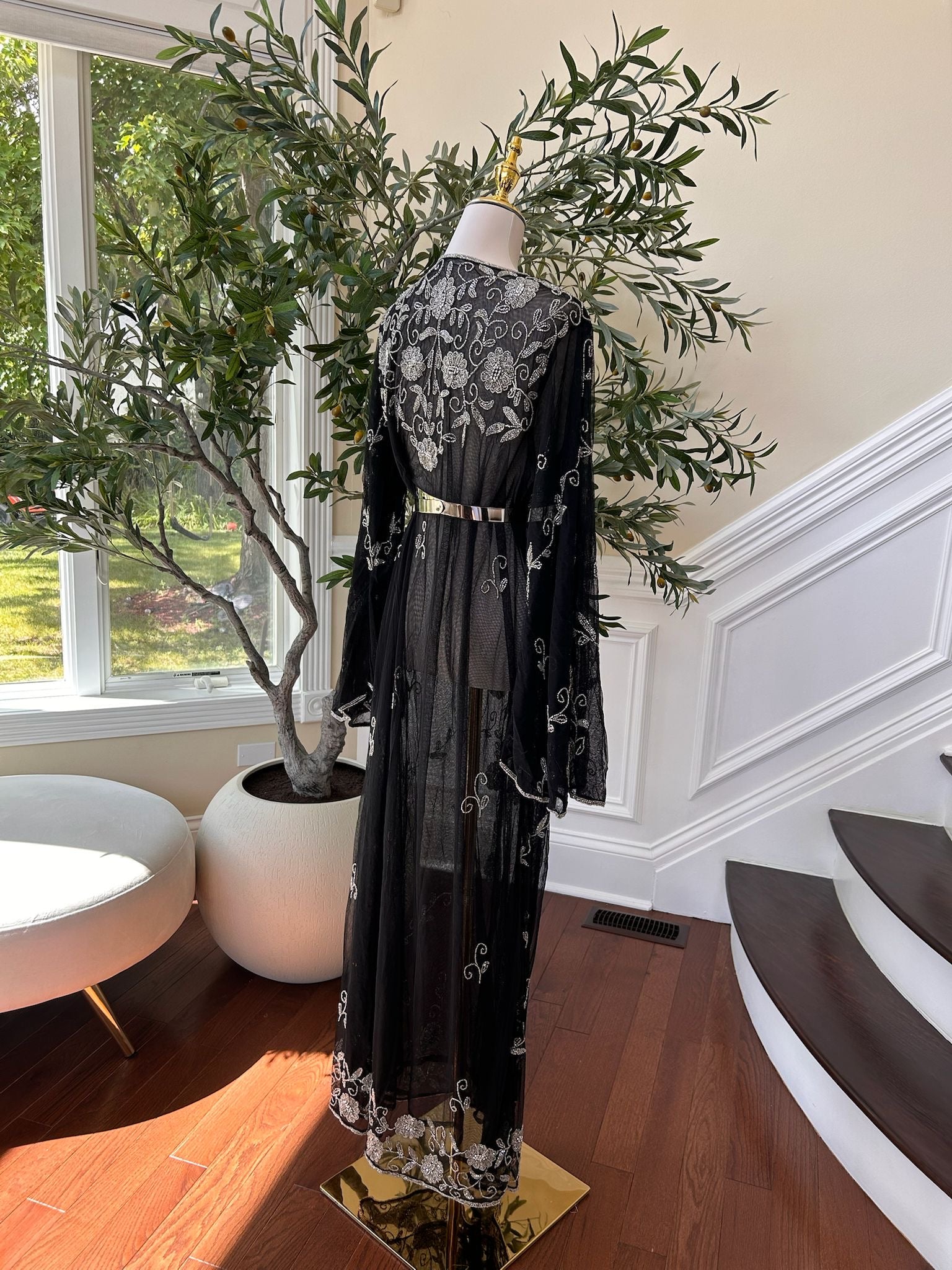 Black Silver Floral Beaded Stone Cardigan Abaya