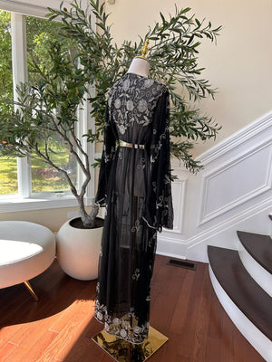 Black Silver Floral Beaded Stone Cardigan Abaya