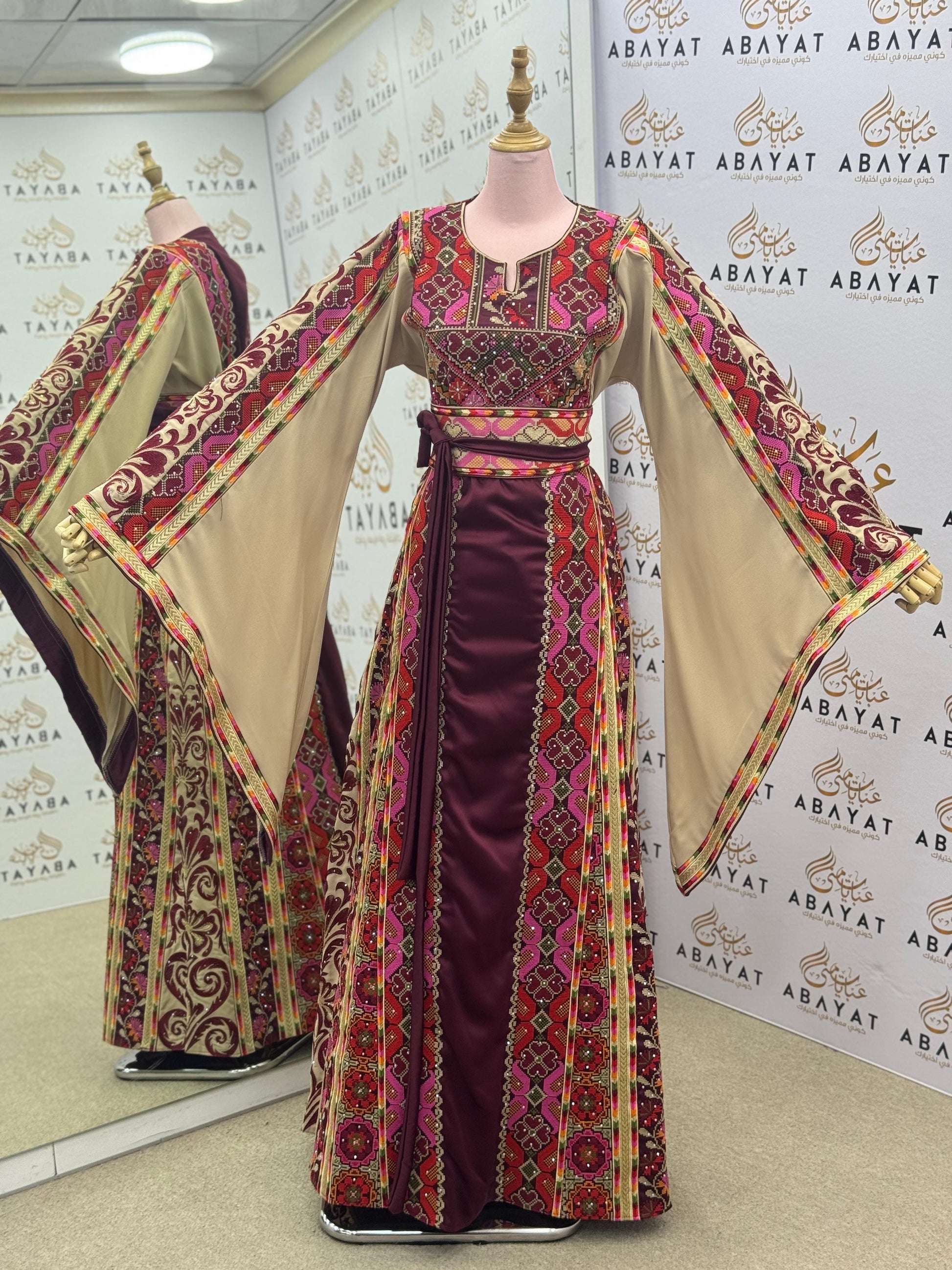 Burgundy & Beige Palestinian Embroidery Thobe – Colorful Geometric Elegance A09092025
