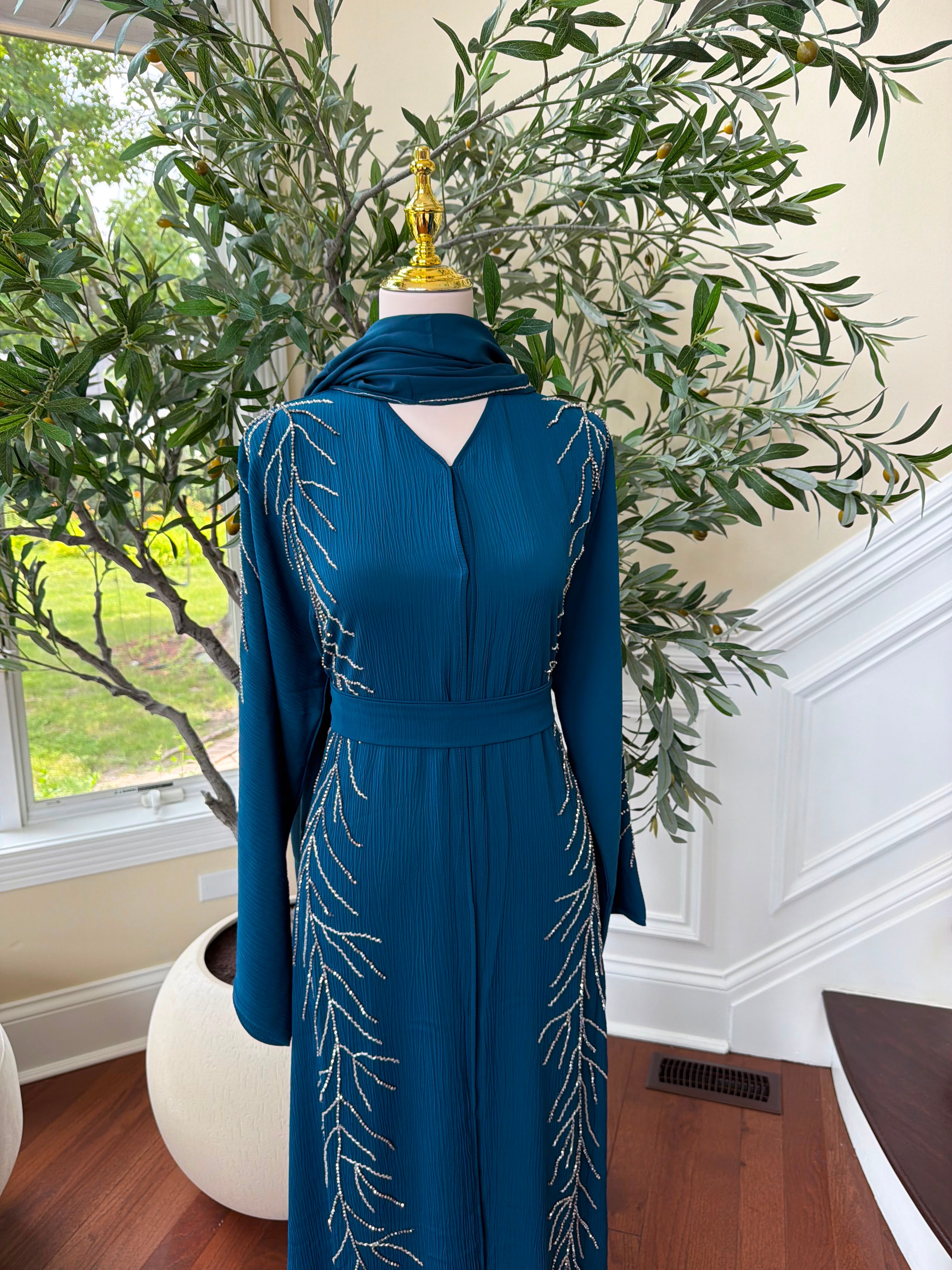 Sky Blue Beaded Elegance Abaya