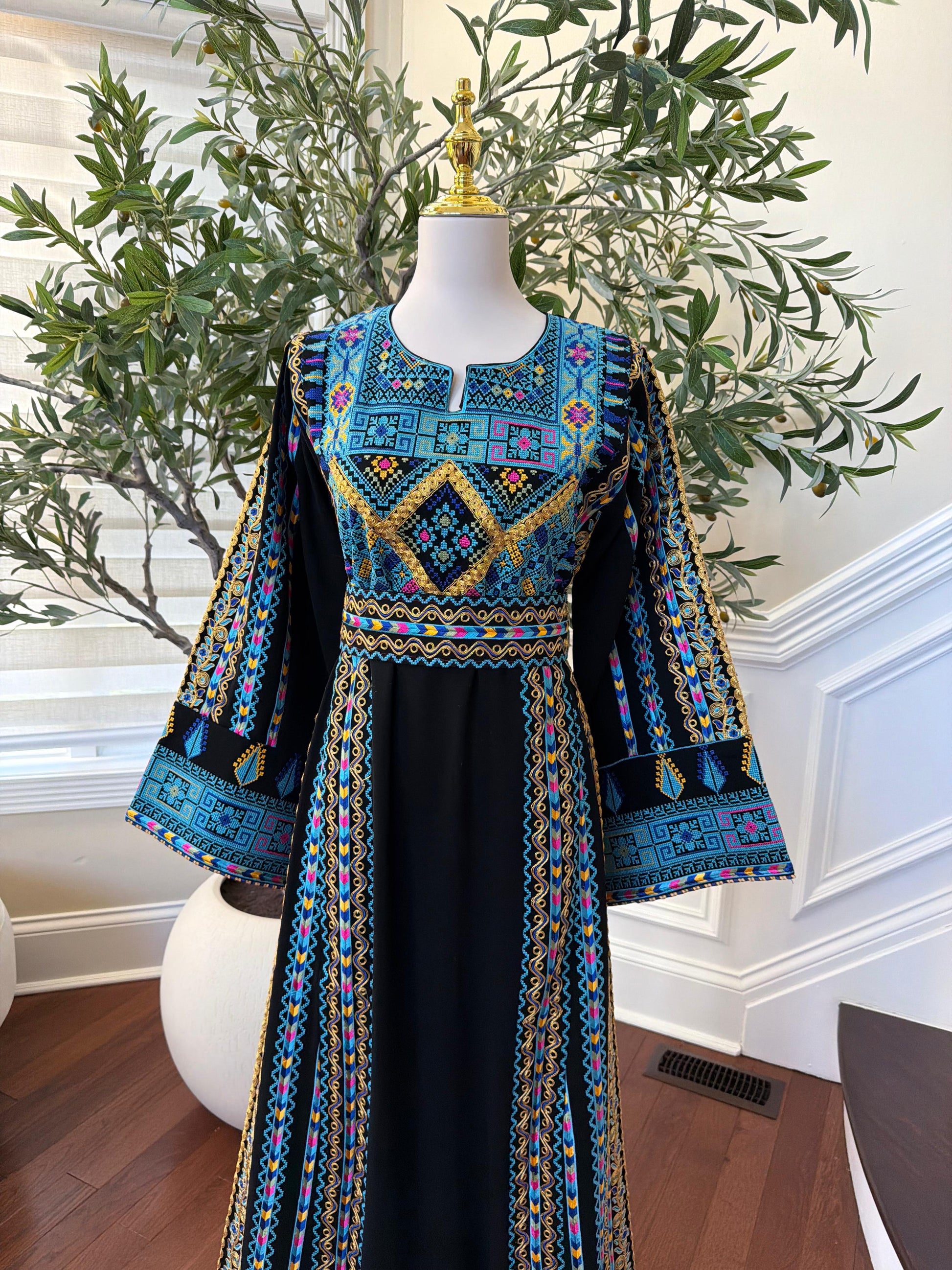Black Embroidery Tatreez Traditional Blue Thobe
