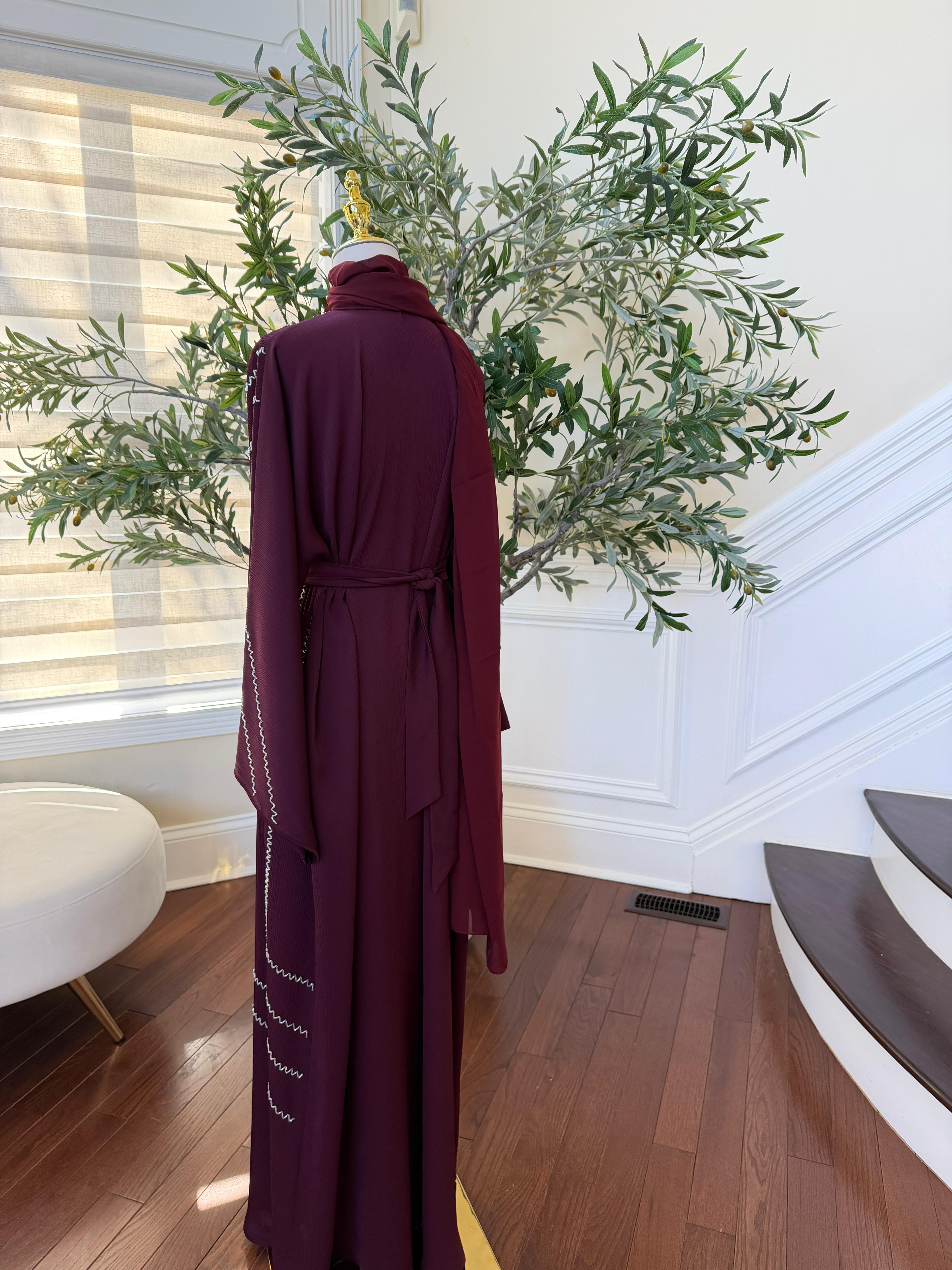 Burgundy Elegance Beaded Abaya