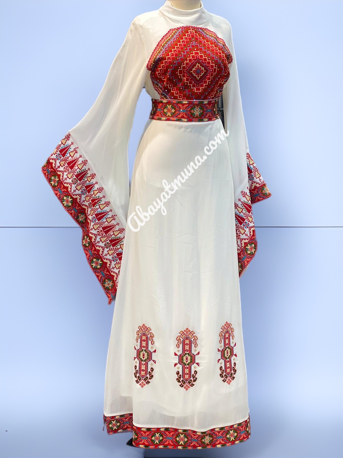 Embroidered Thobe White Dress With Red Embroidery Red Palestinian Embroidery White Tatrez Dress ABAYATMUNA Embroidered Thobe White Dress With Red Embroidery Red Palestinian Embroidery White Tatrez Dress ABAYATMUNA