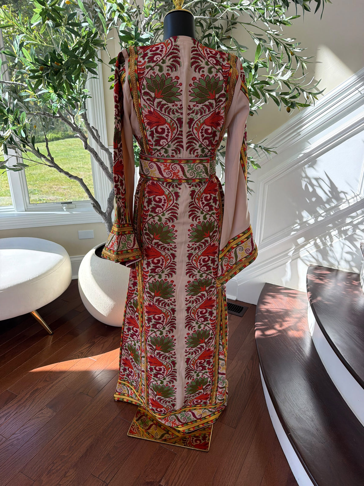 Elegant Cream Palestinian Embroidered Thobe with Traditional Red & Green Detailing (scarf not included)