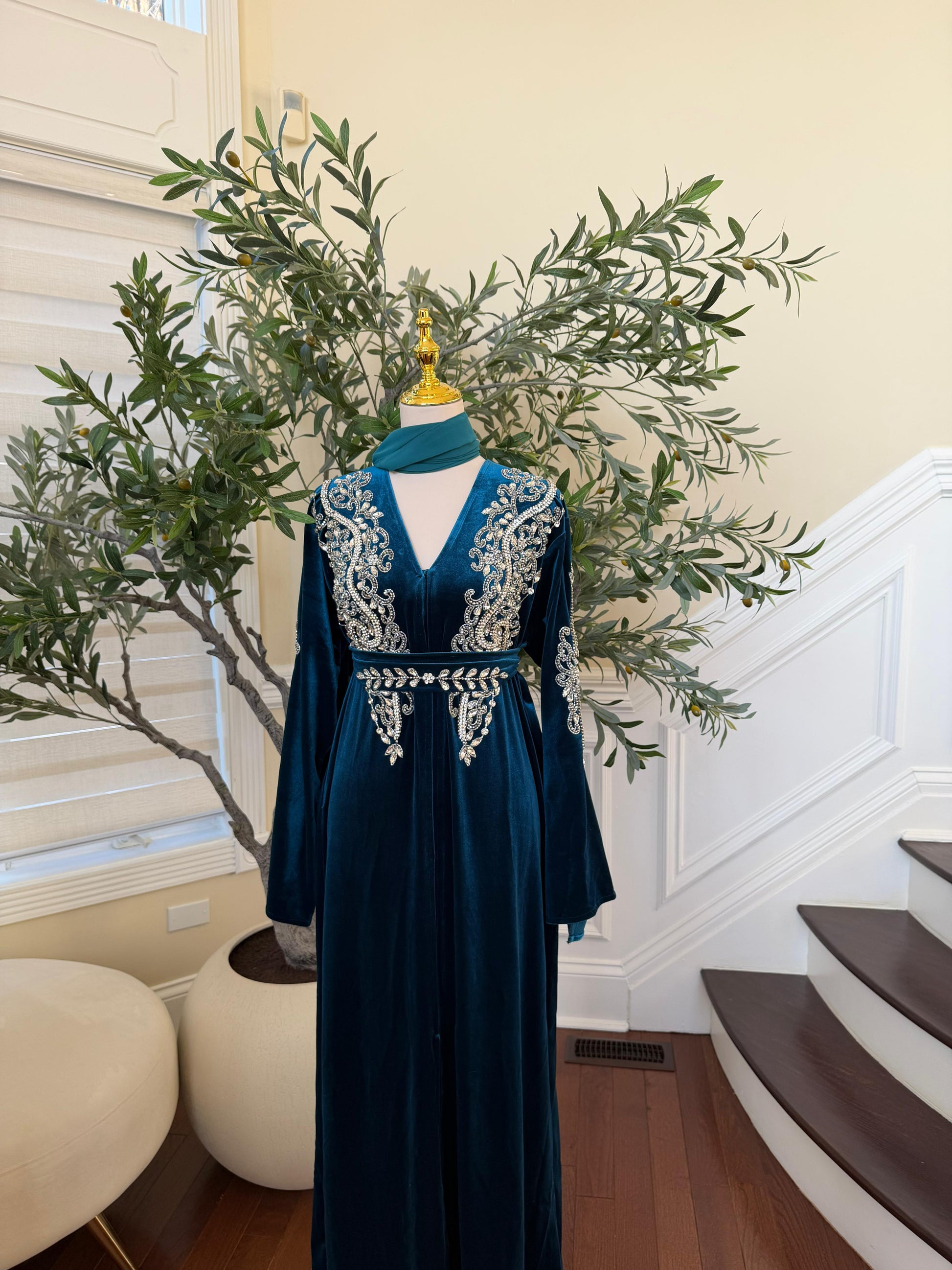 Turquoise Velvet Stone Beaded Abaya