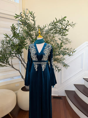 Turquoise Velvet Stone Beaded Abaya