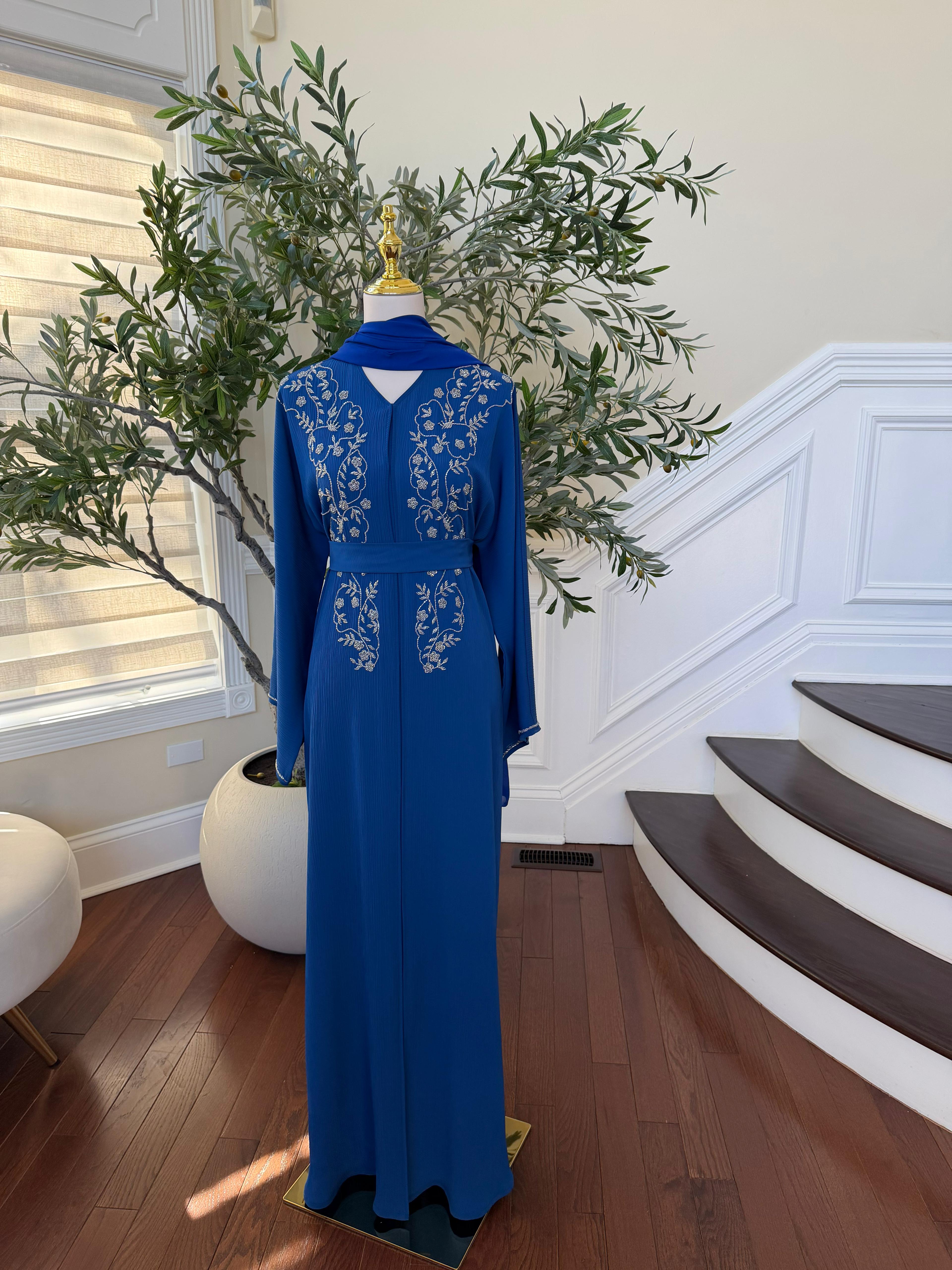 Blue Floral Charm Beaded Abaya