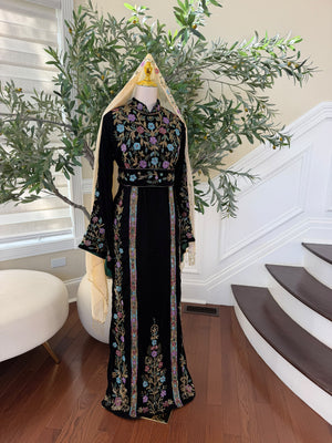 Elegant Black Velvet Thobe with Multicolor Floral Embroidery(scarf not included)