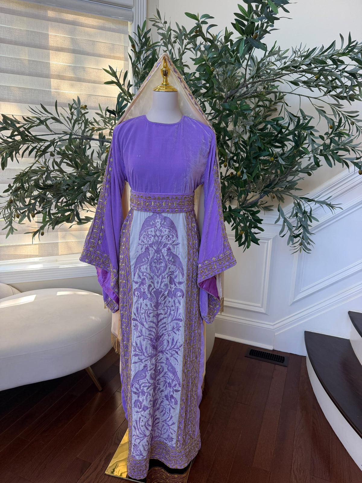 Elegant Lavender Velvet Palestinian Thobe with Gold Embroidery(scarf not included)