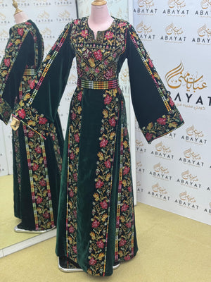 Luxury Emerald Green Velvet Thobe – Floral Embroidery