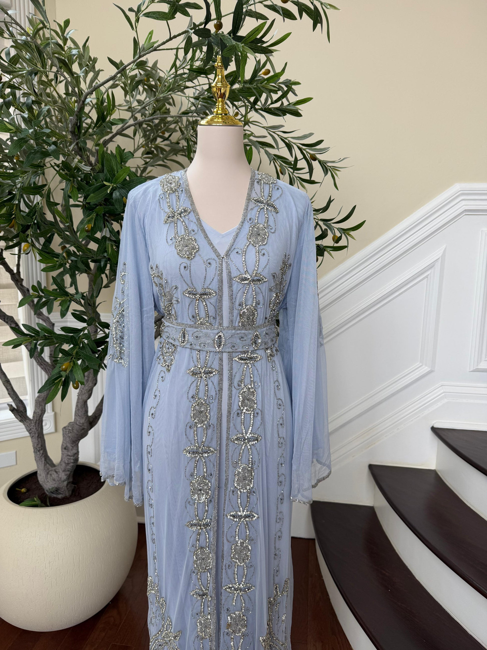 Baby Blue Silver Stone Beaded Abaya