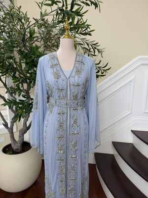 Baby Blue Silver Stone Beaded Abaya