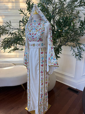 Elegant White Floral Embroidered Palestinian Thobe with Gold Detailing(scarf not included)