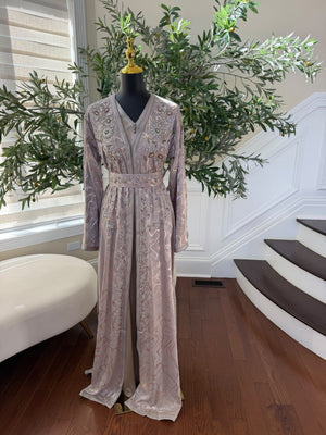 Elegant Mauve Embroidered Kaftan with Silver Beadwork