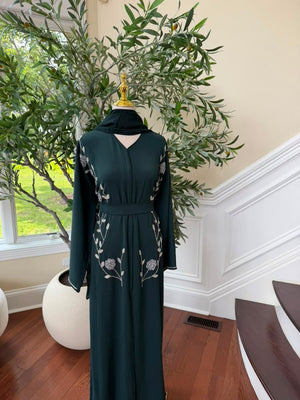 Emerald Green Rose Beaded Abaya