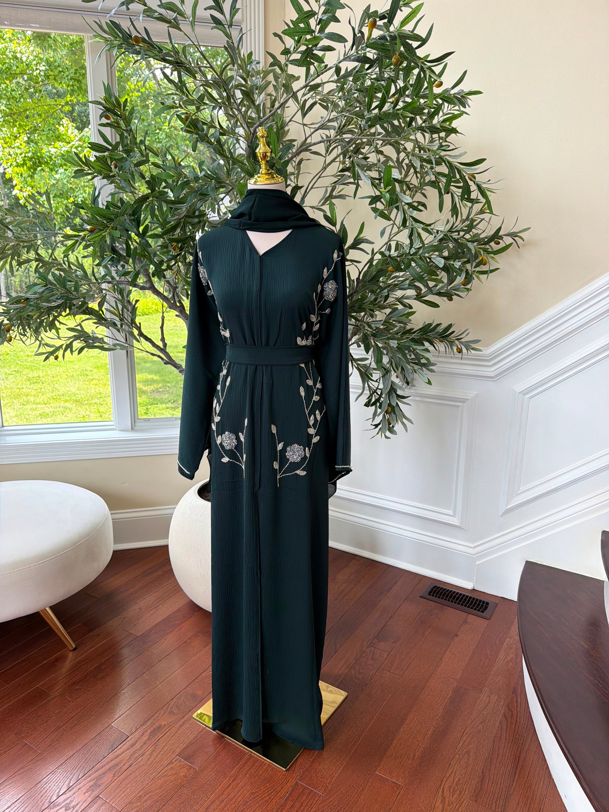 Emerald Green Rose Beaded Abaya