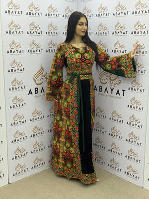 Traditional Palestinian Embroidered Thobe – Vibrant Floral Pattern with Green Waist Belt