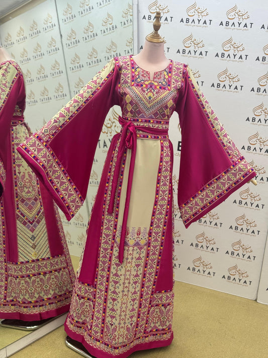 Palestinian Heritage Embroidered Thobe – Magenta & Ivory