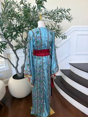 Elegant Sky Blue Satin Thobe with Intricate Green and Pink Floral Embroidery, Burgundy Belt(scarf not included)