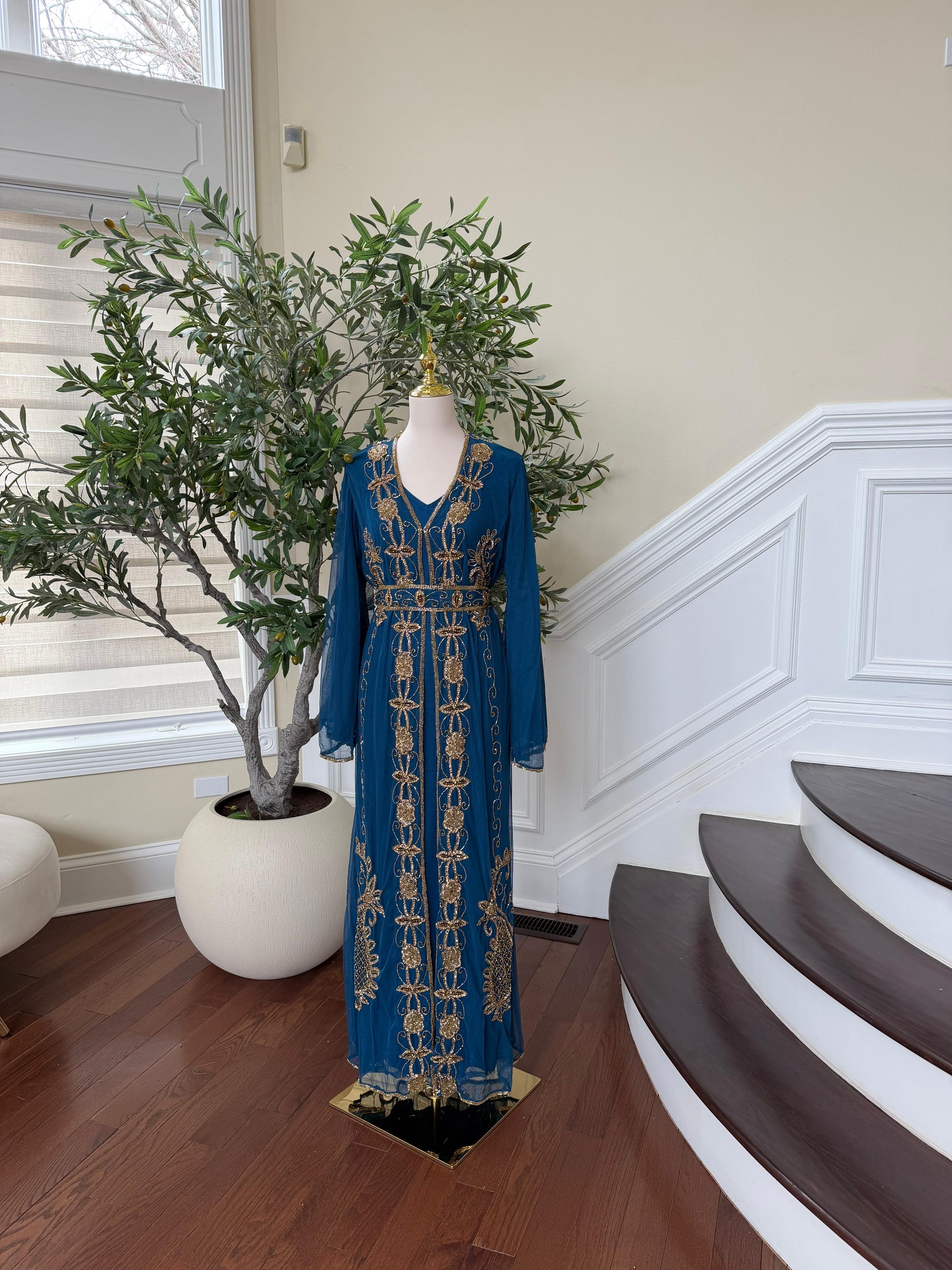 Golden Turquoise Detail Stone Cardigan Abaya