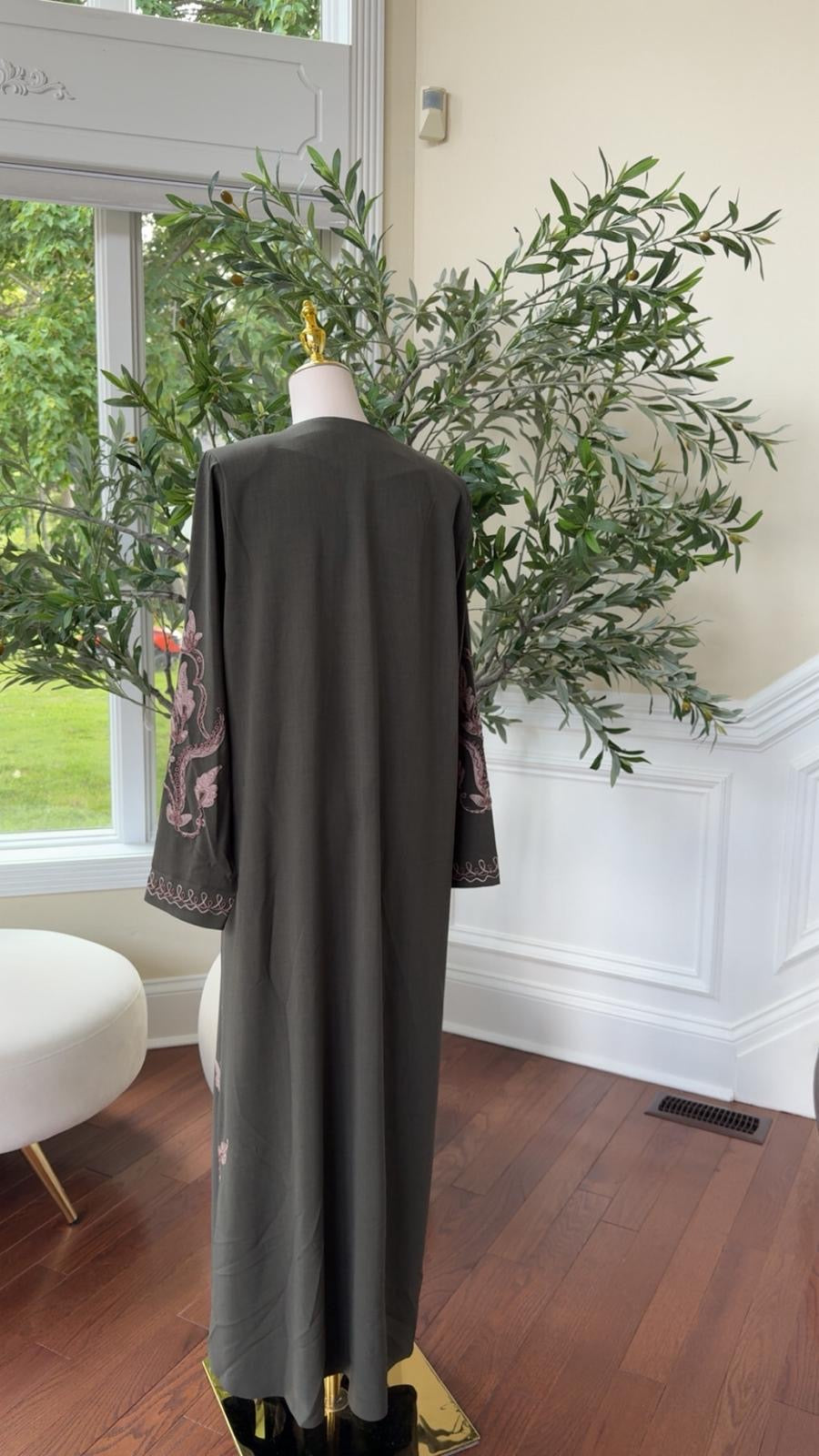 Olive Blush Embroidered Abaya – Soft Grace