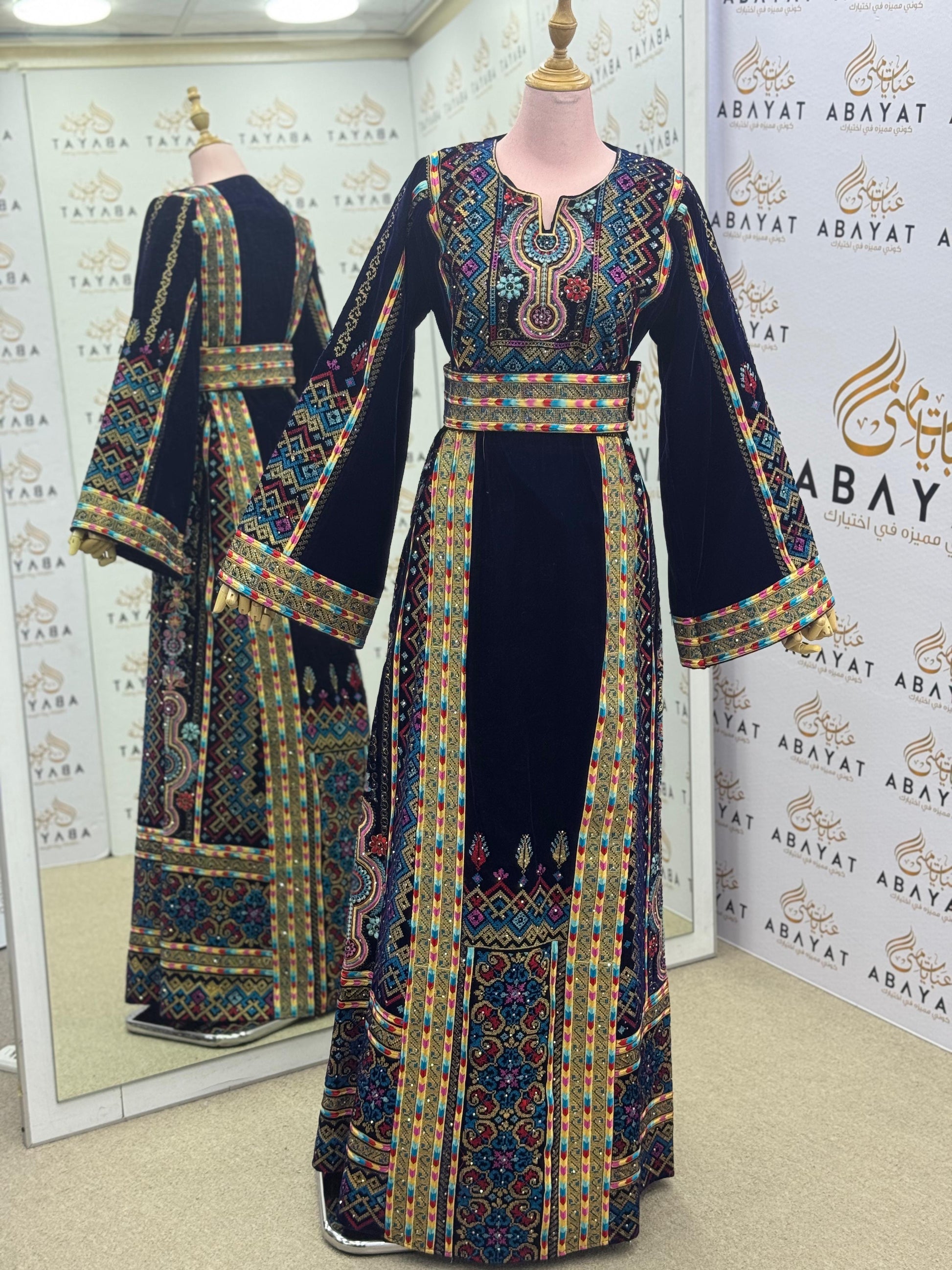 Dark Navy Velvet Palestinian Embroidered Thobe – Multicolor Tatreez with Belt A09042025