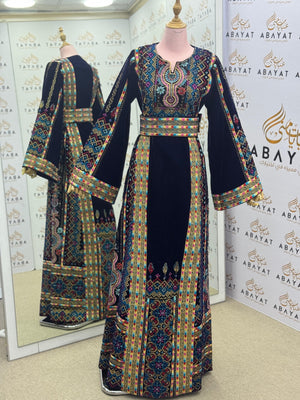 Dark Navy Velvet Palestinian Embroidered Thobe – Multicolor Tatreez with Belt A09042025