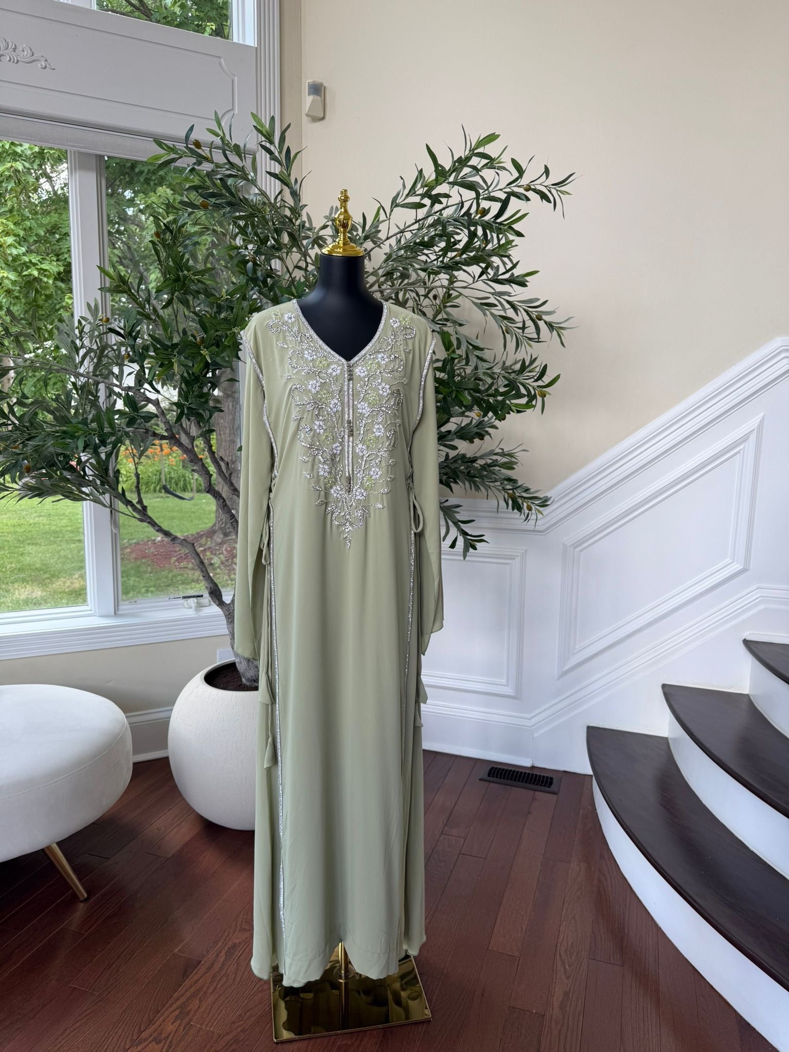 Elegant Sage Green Embroidered Kaftan – Formal Occasion Wear