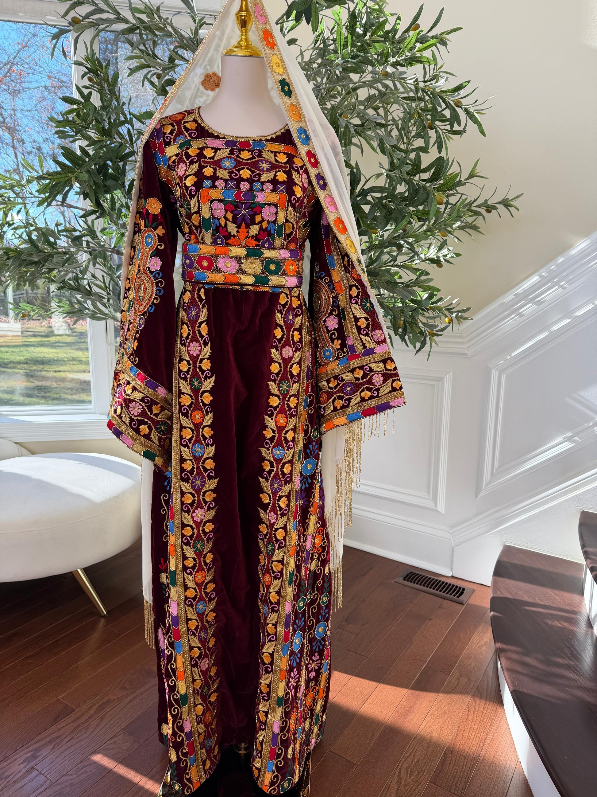 Red Velvet Handmade Embellished Beaded Thobe