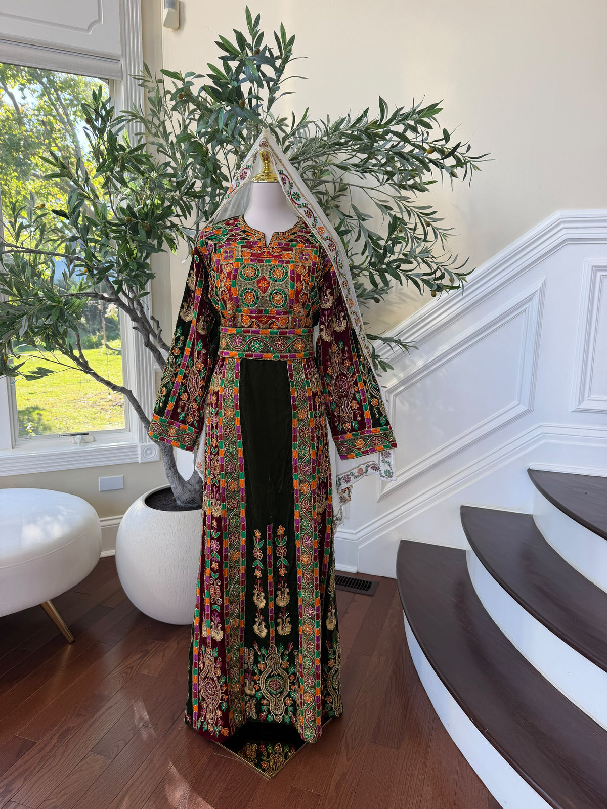 Elegant Black Velvet Thobe with Vibrant Multicolor Traditional Embroidery(scarf not included)