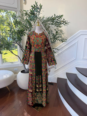 Elegant Black Velvet Thobe with Vibrant Multicolor Traditional Embroidery(scarf not included)