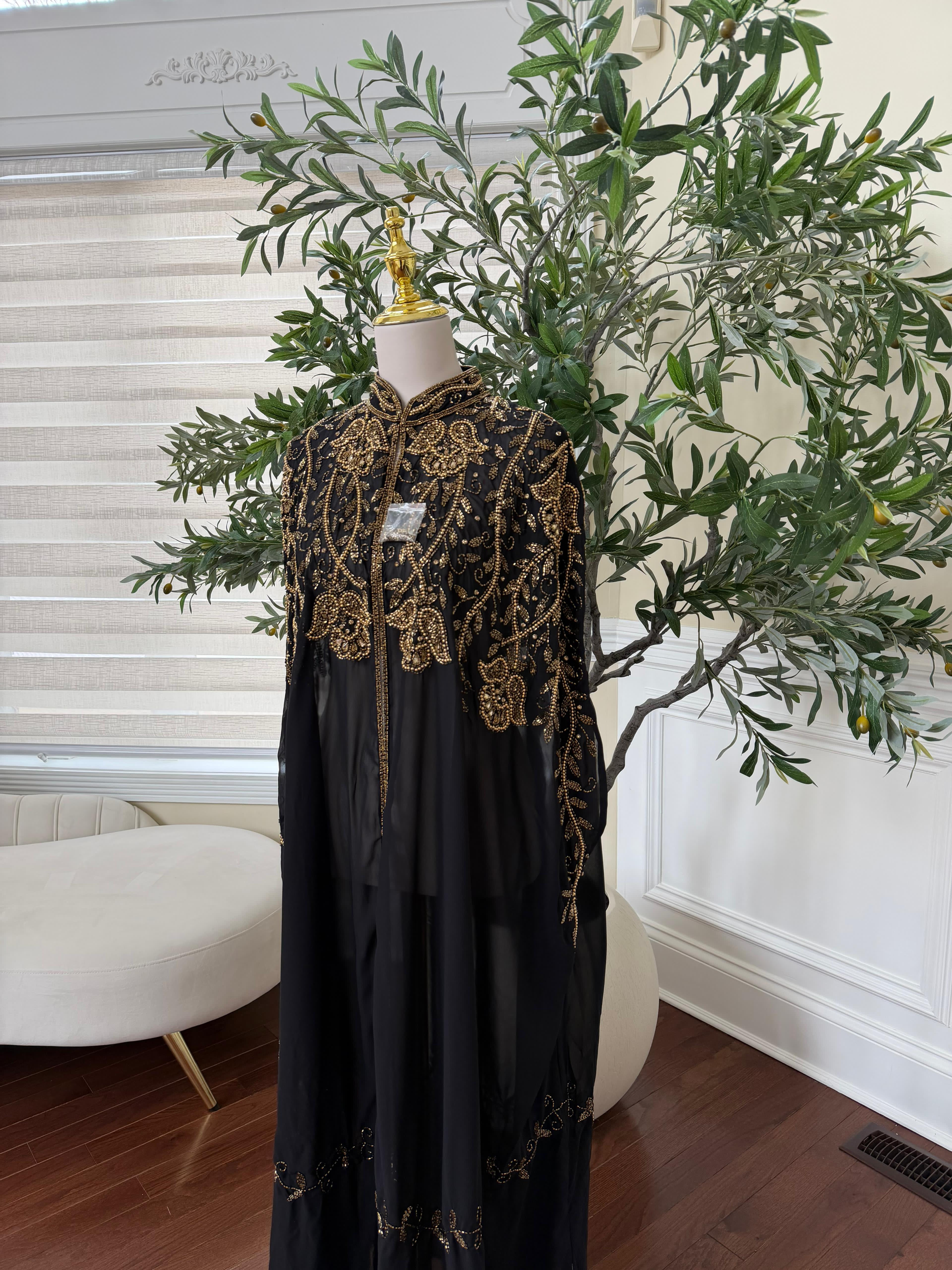 Golden Black Stone Beaded Cardigan Abaya