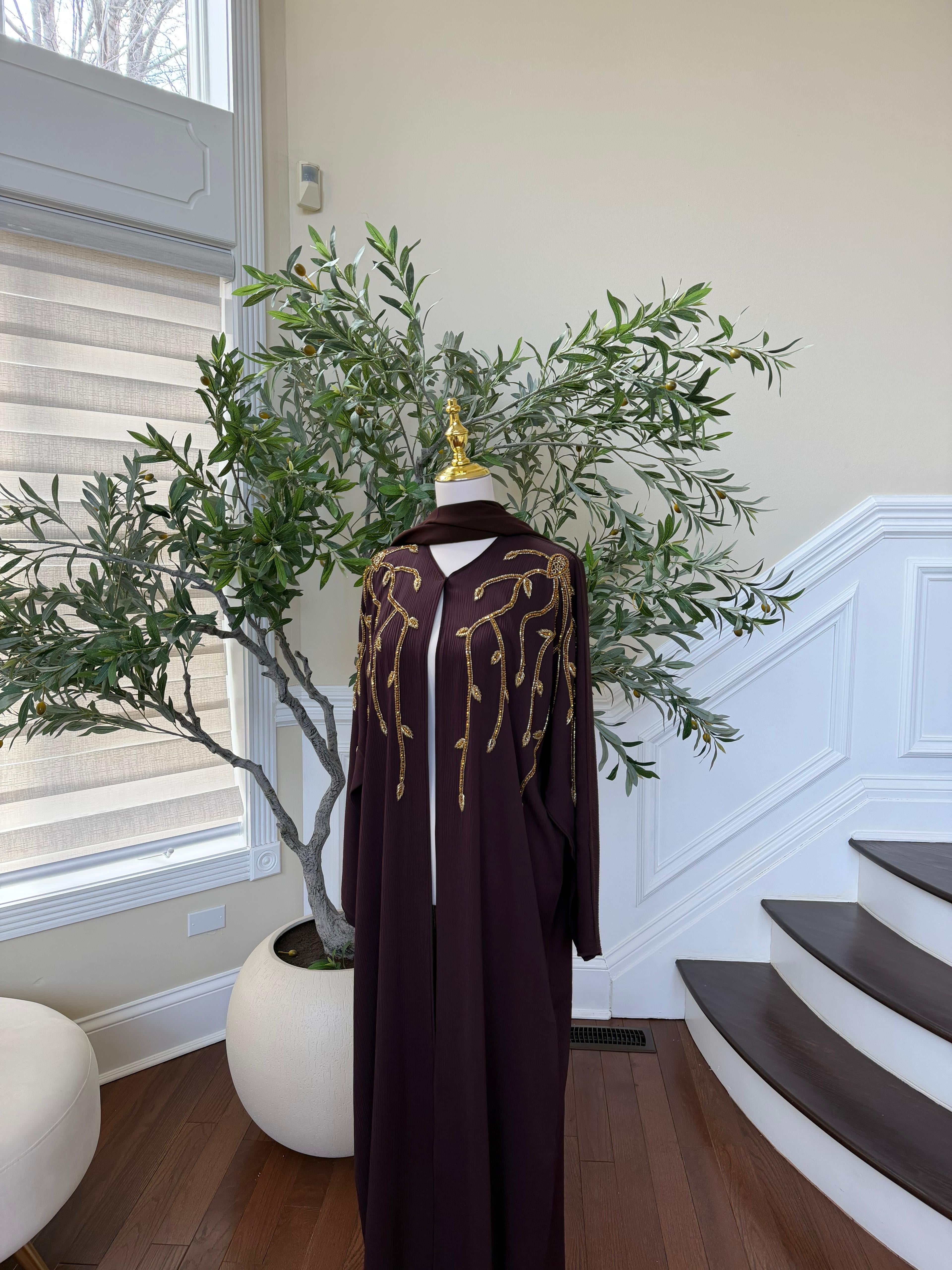 Deep Purple Golden Detail Open Abaya