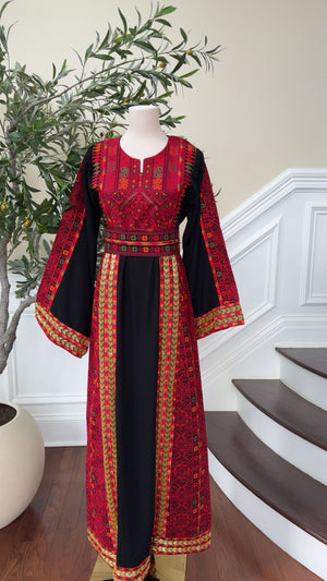Black Embroidery Red Tatreez Thobe