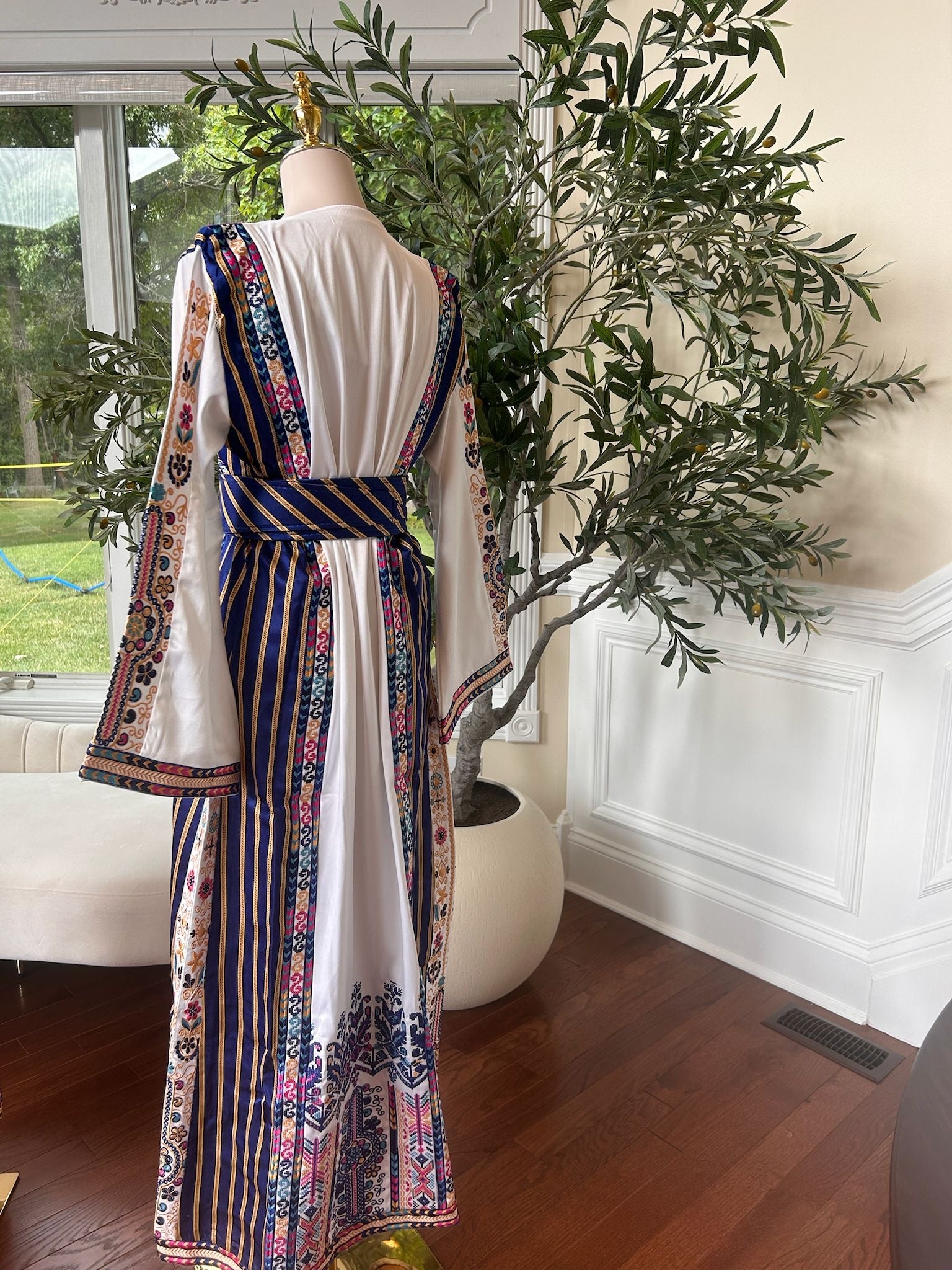 White Embroidery Blue Tatreez Detail Thobe