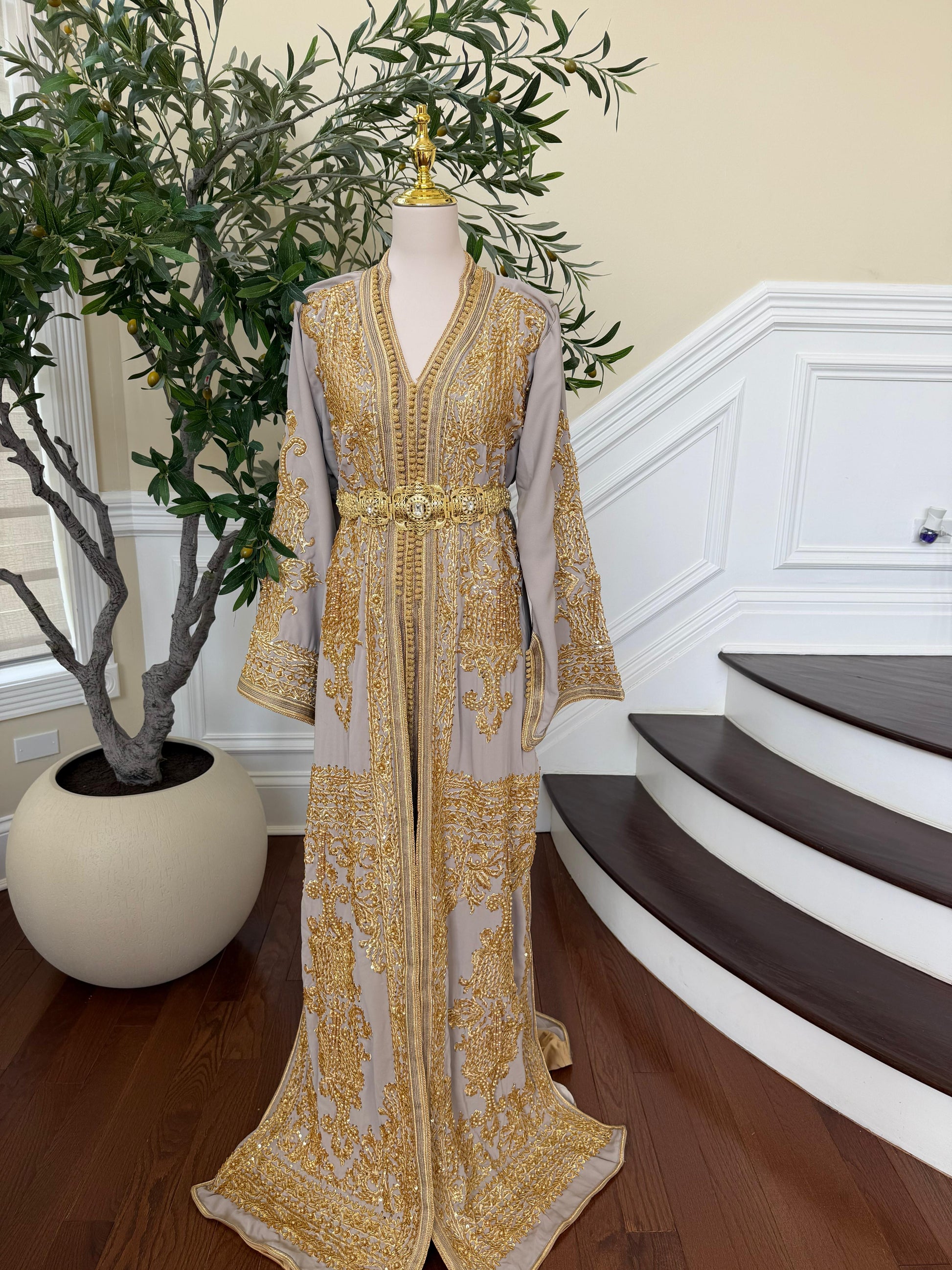 Golden Grey Beaded Elegance Kuftan
