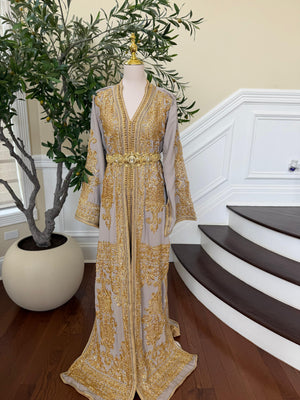 Golden Grey Beaded Elegance Kuftan