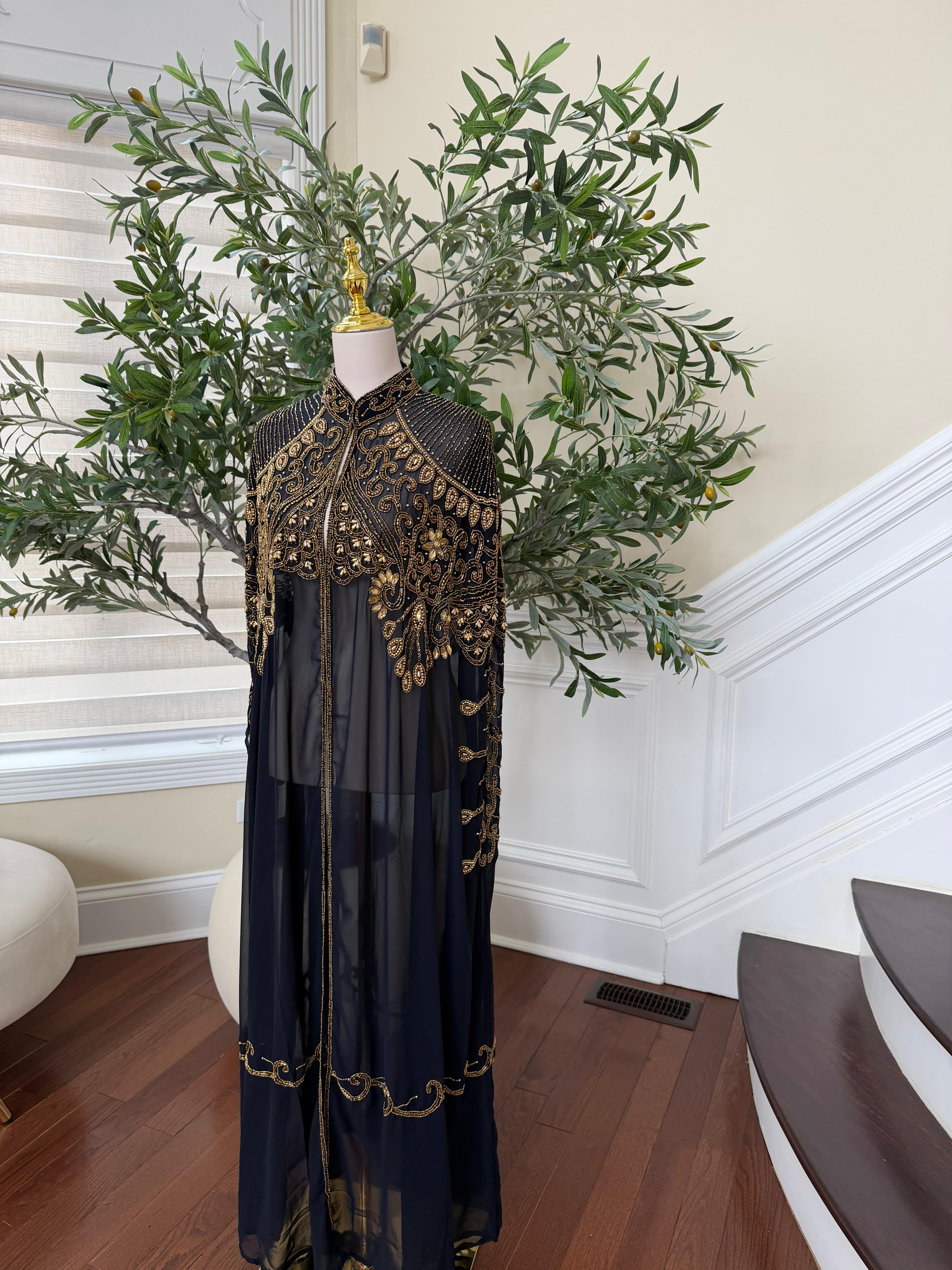 Navy Blue Golden Sequence Stone Cardigan Abaya