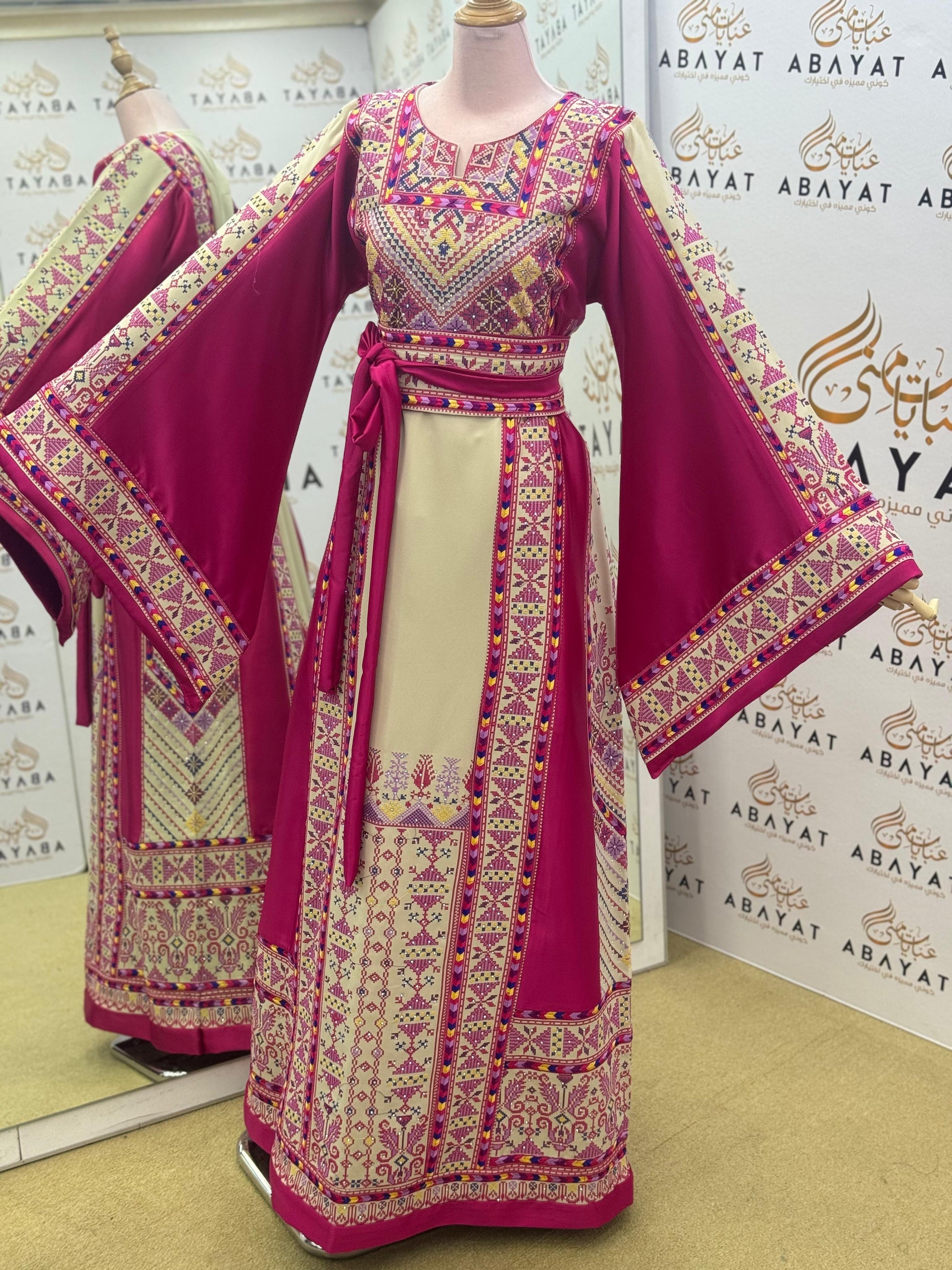 Palestinian Heritage Embroidered Thobe – Magenta & Ivory