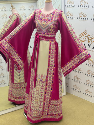 Palestinian Heritage Embroidered Thobe – Magenta & Ivory
