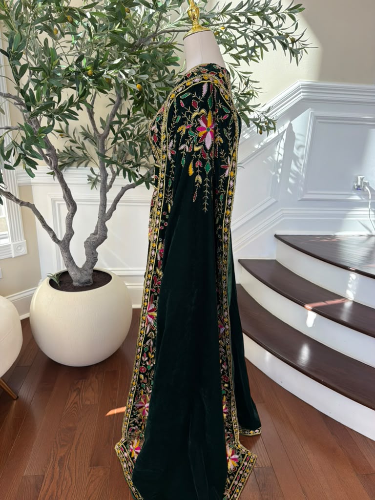 Elegant Black Palestinian Thobe with Colorful Floral Embroidery and Detachable Shoulder Cape (scarf not included)