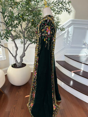 Elegant Black Palestinian Thobe with Colorful Floral Embroidery and Detachable Shoulder Cape (scarf not included)